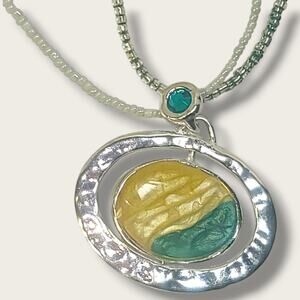 Vintage Orbit Changeable Spinner Pendant Hammered Silver Tone Beaded Necklace